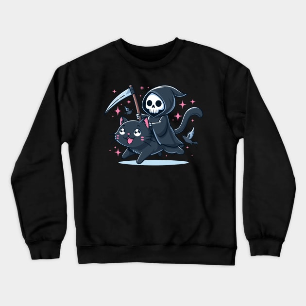 Grim Reaper Riding Black Cat Crewneck Sweatshirt by Kawaii N Spice